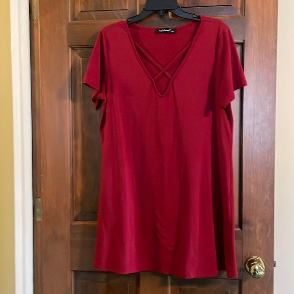 Styledome criss-cross V neckline mini dress, soft & comfy, burgundy, size XXL